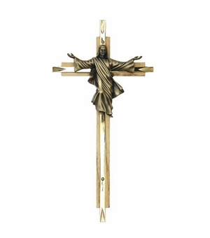 8" Oak Wall Crucifix  and Brass Cross with Risen Christ