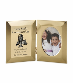 8 x 5-1/2 Inch Gold Plated Chalice First Holy Communion Double Photo Frame