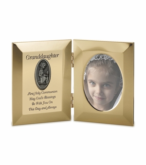 8 x 5-1/2 Inch Gold Plated Granddaughter First Holy Communion Double Photo Frame