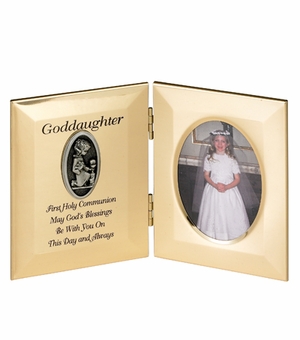 8" x 5" Goddaughter's First Communion Hinged Gold Plated Metal Photo Frame with Kneeling Girl