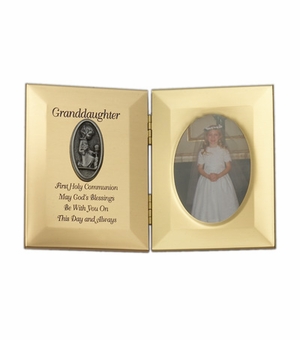 8" x 5" Granddaughter's First Communion Hinged Gold Plated Metal Photo Frame with Kneeling Girl