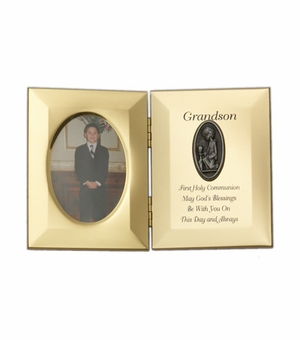 8" x 5" Grandson's First Communion Hinged Gold Plated Metal Photo Frame with Kneeling Boy