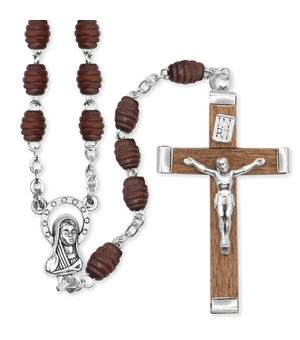 8mm Carved Rosewood Bead Rosary with Crucifix and Madonna Center