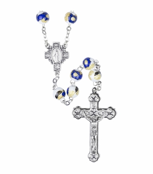 8mm Hand-Painted Blue Ceramic Bead Rosary with Crucifix and Miraculous Center