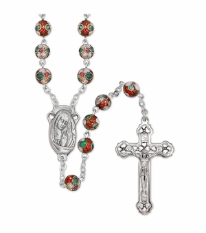 8mm Red Cloisonne Beads Rosary with Crucifix and Madonna Center