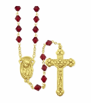 8mm Red Tin-Cut Glass Bead Rosary with Crucifix and Madonna Center