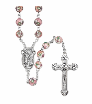 8mm Rose Cloisonne Beads Rosary with Crucifix and Madonna Center