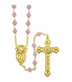 8mm Rose Tin-Cut Glass Bead Rosary with Crucifix and Madonna Center ITEM: SR3972ROJC  IN STOCK