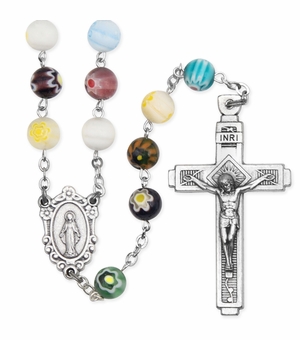 8mm Round Imitation Murano Glass Bead Rosary with Crucifix and Miraculolus Center
