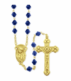 8mm Sapphire Tin-Cut Glass Bead Rosary with Crucifix and Madonna Center