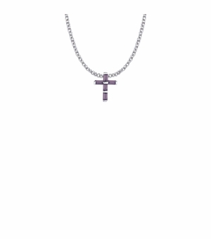 9/16 Inch Sterling Silver Amethyst Cubic Zirconia Cross Necklace