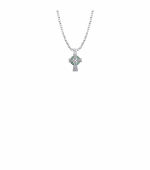 9/16 Inch Sterling Silver Celtic Cross with Green Enamel Detail Baby Cross Necklace