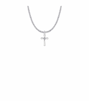 9/16 Inch Sterling Silver Rounded Ends Cross Necklace with Cubic Zirconia Stone