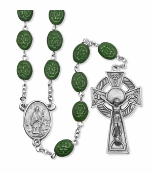 9mm Glass Shamrock Bead Rosary with Celtic Crucifix and St. Patrick Center