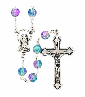 Round Capped Glass Amethyst Bead Rosary With Silver Crucifix