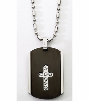 Stainless Steel 2 Piece Dog Tag With CZ Crystal Cross on 22" Bead Chain