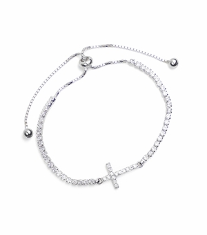 Sterling Silver and Cubic Zirconia Stone Cross Adjustable Bolo Bracelet
