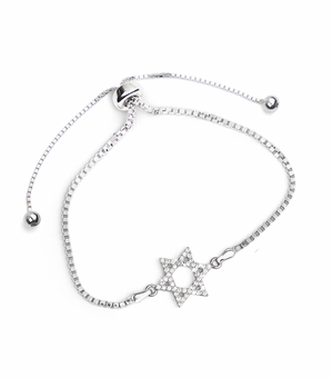Sterling Silver and Cubic Zirconia Stone Star of David Adjustable Bolo Bracelet