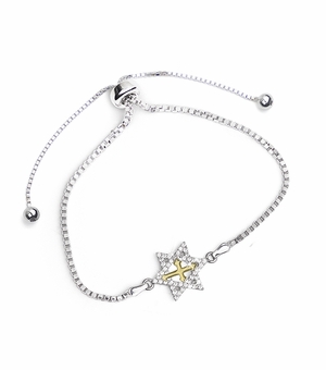 Sterling Silver and Cubic Zirconia Stone Two-Tone Star of David and Cross Adjustable Bolo Bracelet