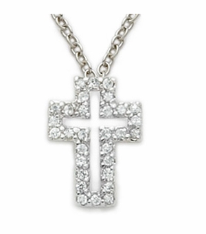 Sterling Silver Cross Necklace in a Pierced Design with Crystal  CZ  Stones