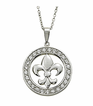 Sterling Silver Fleur De Lei Circle Pendant with Crystal CZ Stones