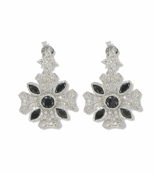Sterling Silver Iron Cross Earrings w/ Crystal CZ Stones & Onyx Accents