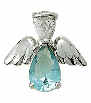 Sterling Silver March Aquamarine Birthstone Angel Wing Pin