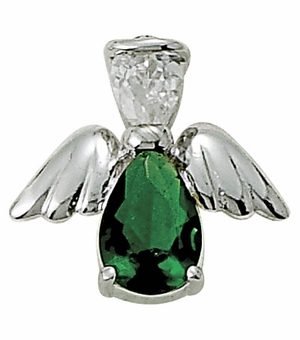 Sterling Silver May Emerald Birthstone Angel Wing Pin