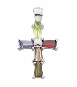 Sterling Silver Multi Color CZ Crystal Cross on 18" Silver Chain