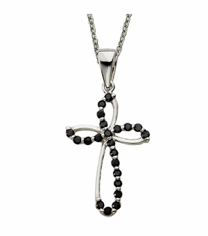 Sterling Silver Open Cross Set with Black CZ Crystal Stones on 18" silver chain