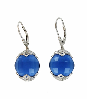 Sterling Silver Rodium Earrings Glass Sapphire Facetted Stone with Crystal CZ Accents