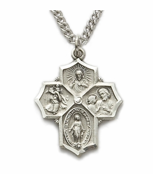 Sterling Silver Satin Engraved Antiqued and Polished Border Four Way Medal Necklace