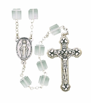 Tin Cut Square Crystal Bead Rosary With Silver Crucifix