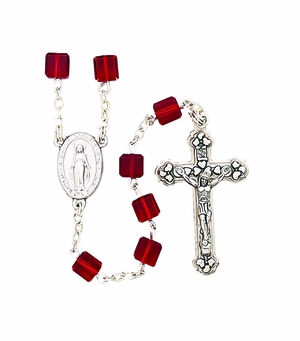 Tin Cut Square Red Bead Rosary With Silver Crucifix