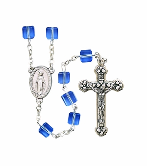 Tin Cut Square Sapphire Rosary With Silver Crucifix